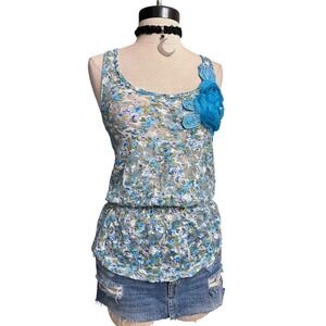 Vintage Y2K Blue Floral Lace Peplum Tank Top Blouse Twee Indie Sleeze